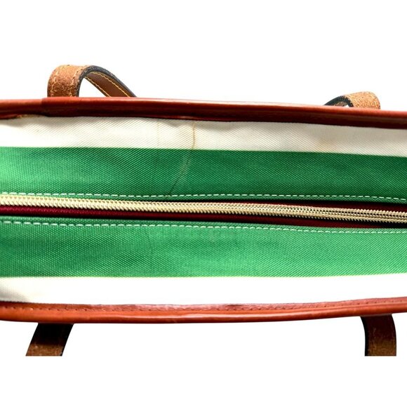 Dooney & Bourke Green & White Striped Canvas Tote Bag With Leather Trim & Red In - Picture 4 of 11